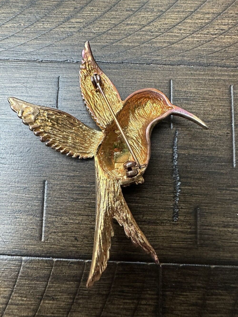 Vintage Enamel Hummingbird Brooch Pin Gold Tone Colorful Bird Large 3” - Picture 3 of 6
